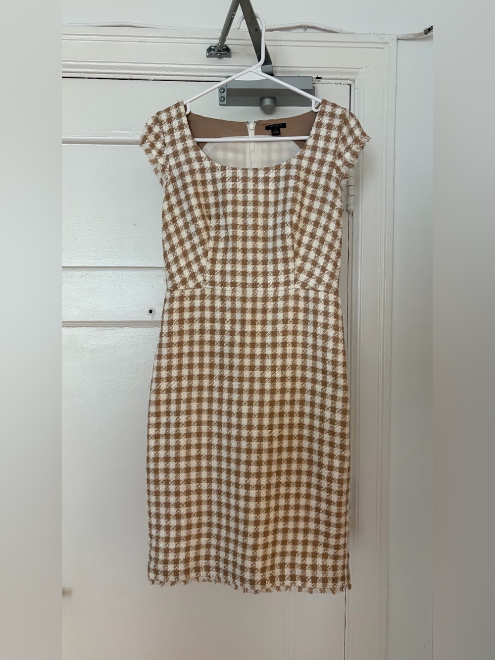 Ann Taylor - Tan and White Gingham Midi Dress (Office Dress)